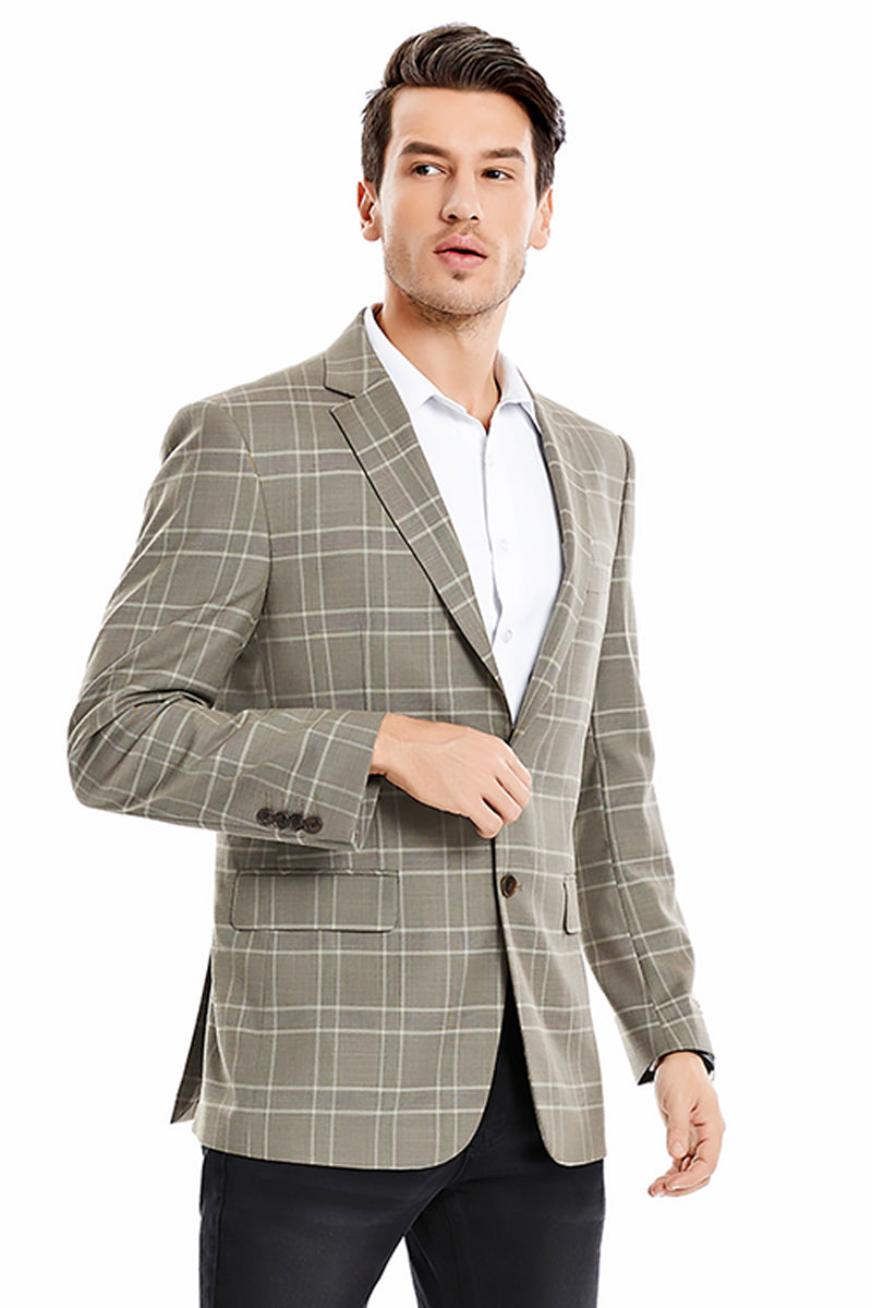 Men’s Two Button Regular Fit Double Windowpane Plaid Blazer in Tan