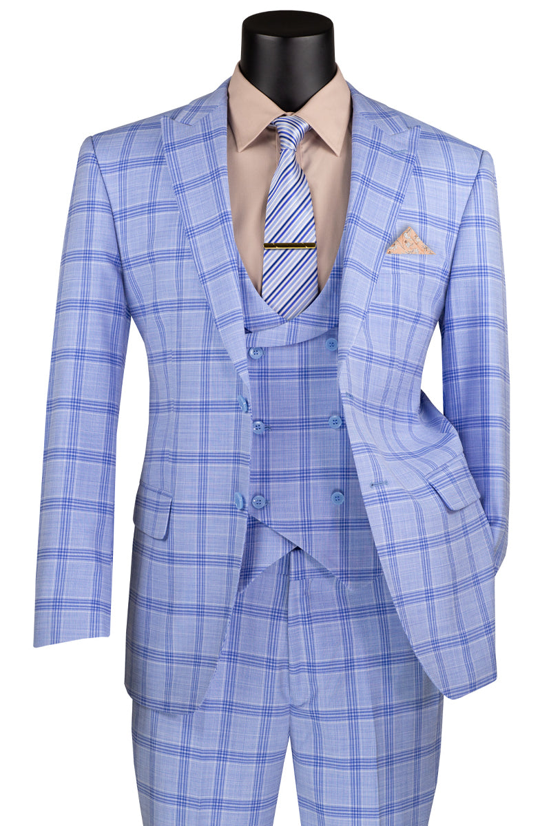 Men’s Summer Windowpane Suit with Double Breasted Vest in Light Blue