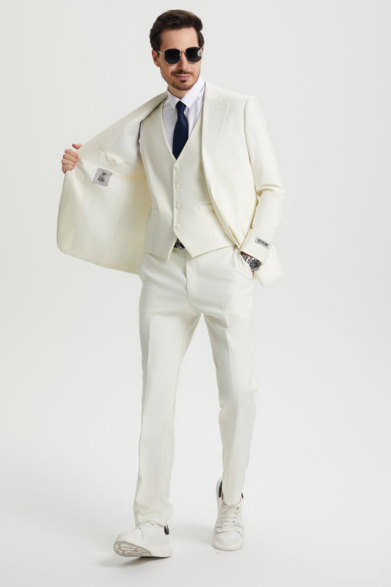 Men’s Two Button Vested Stacy Adams Basic Designer Suit in Ivory Off White