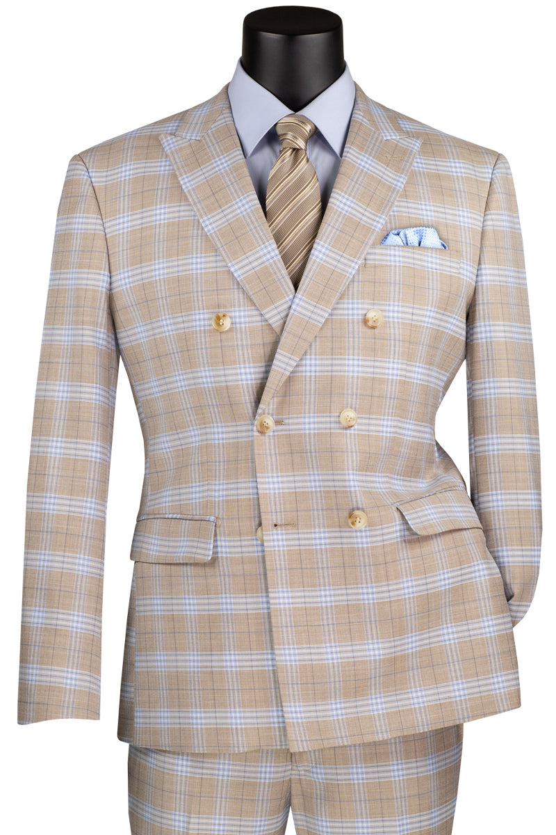Men’s Slim Fit Double Breasted Suit in Tan Windowpane Plaid