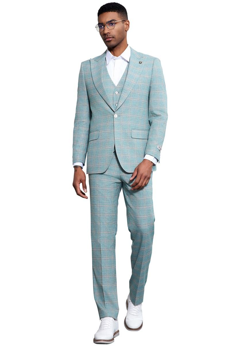 Men’s Stacy Adams Vested Peak Lapel Light Turquoise Green Plaid Prom & Wedding Suit