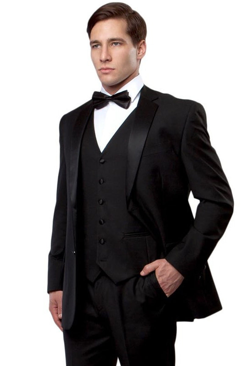 Men’s Classic Two Button Vested Notch Tuxedo in Black