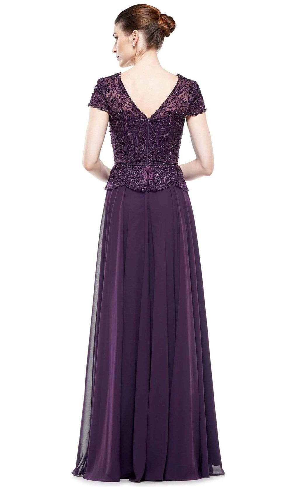 M243 Short Sleeve Embroidered Peplum Chiffon Gown