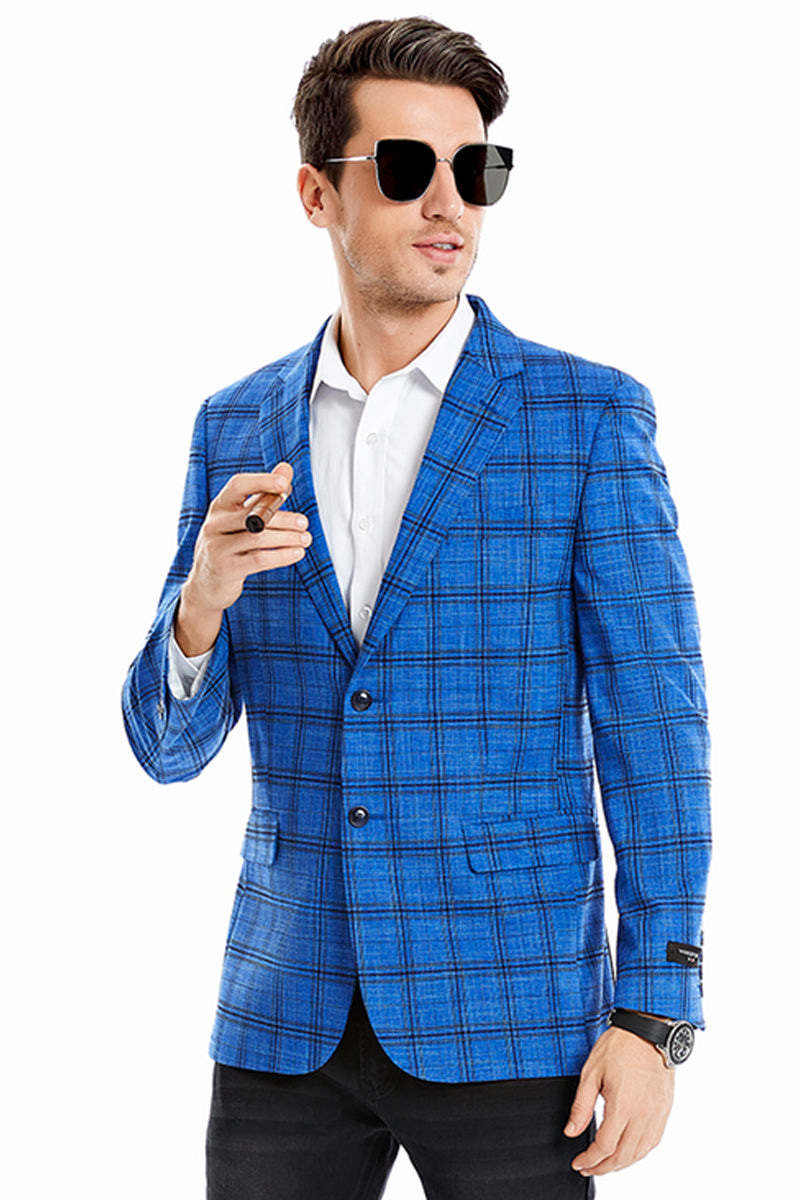 Men’s Two Button Slim Fit Glen Plaid Sport Coat Blazer in Royal Blue