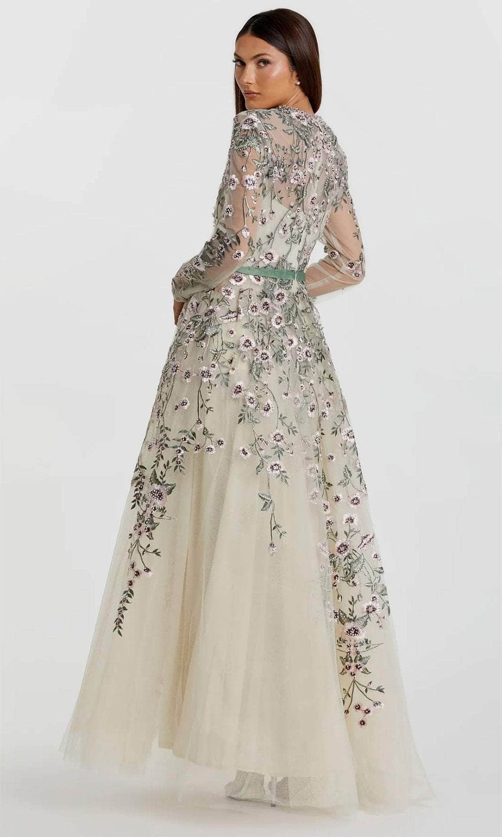 Floral Illusion Long Sleeve Evening Dress