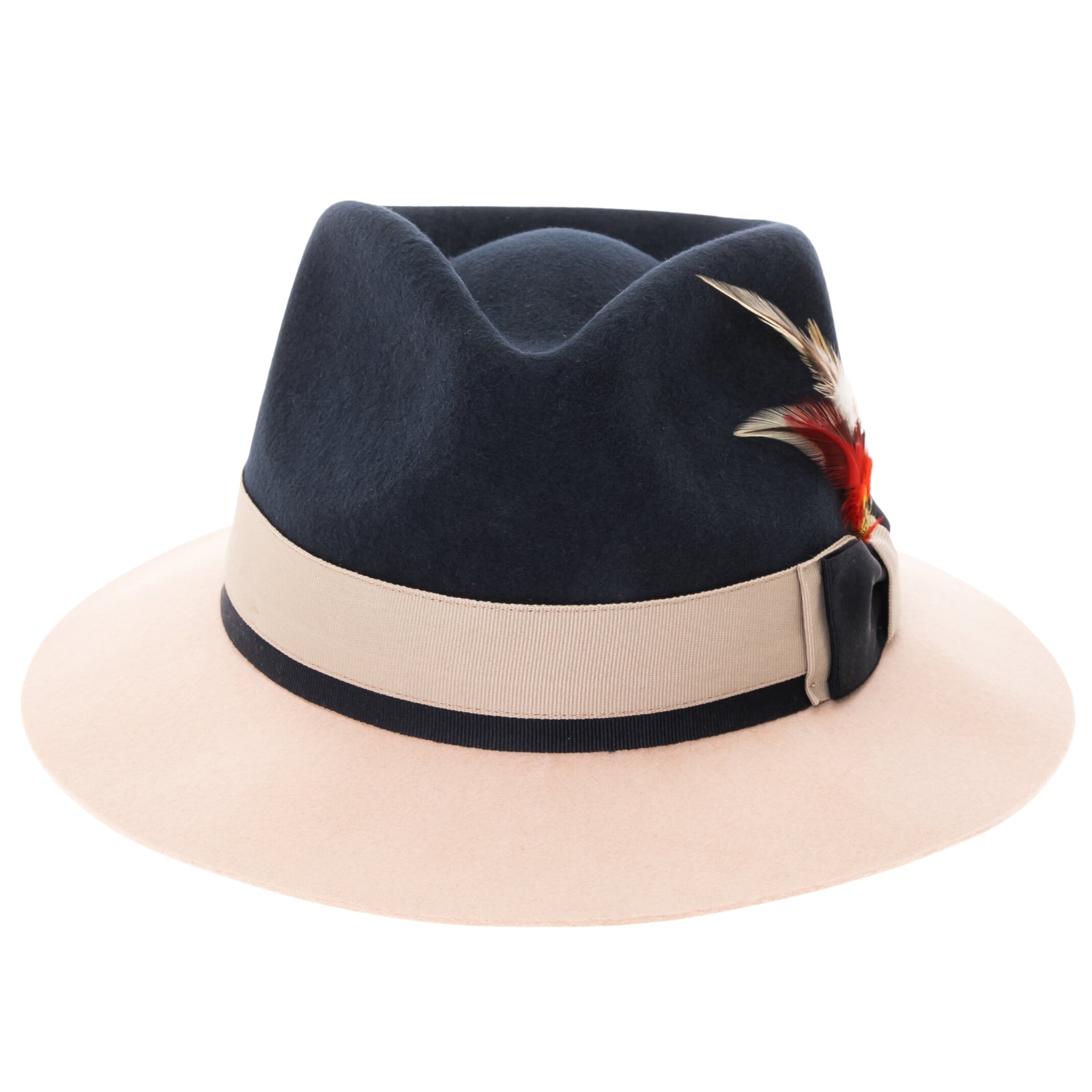 Men’s Two Tone Trilby Fedora Dress Hat with Contrast Band in Navy & White