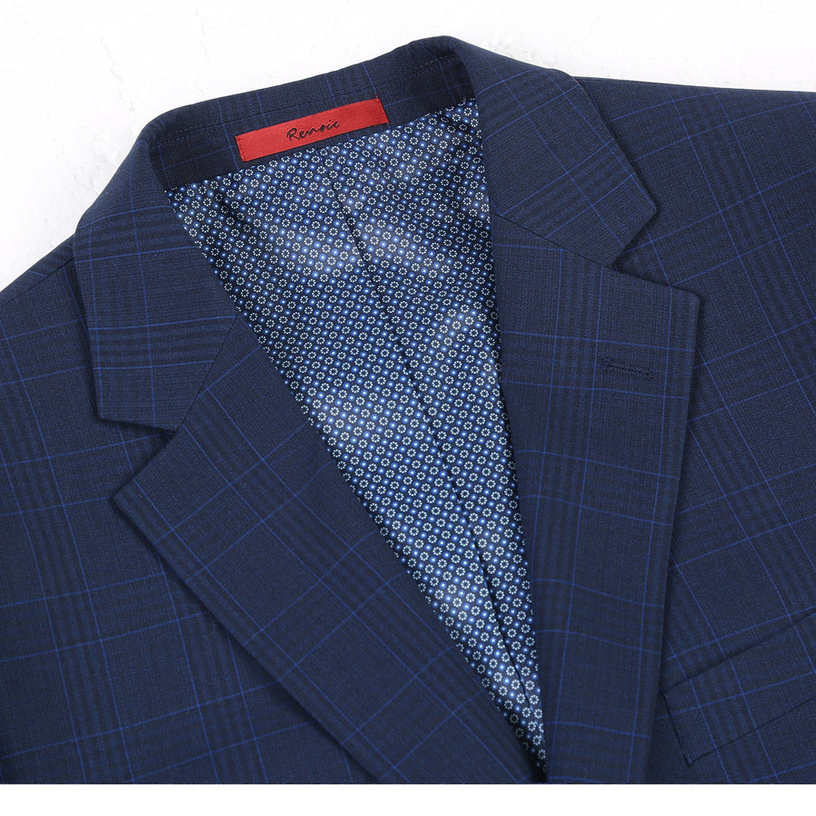 Mens Classic Fit Two Button Suit in Dark Blue Windowpane Plaid Check