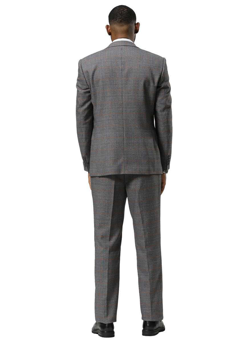 Men’s Stacy Adams One Button Peak Lapel Suit With Double Breasted Vest in Grey Glen Plaid