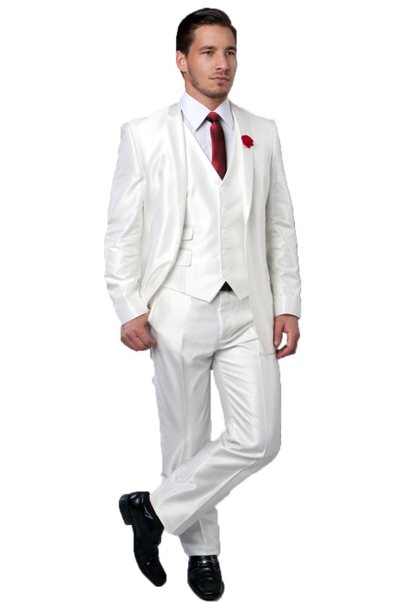 Men’s Two Button Vested Shiny Sharkskin Wedding & Prom Fashion Suit in Ivory