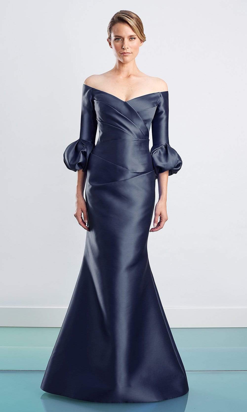 1465 Off Shoulder Faux Wrap Trumpet Gown