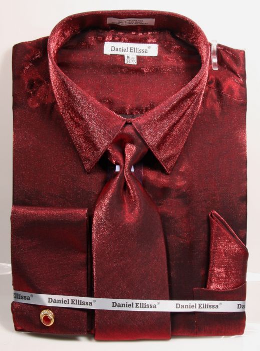 Men’s Shiny Metallic Velvet Dress Shirt & Tie Set in Burgundy
