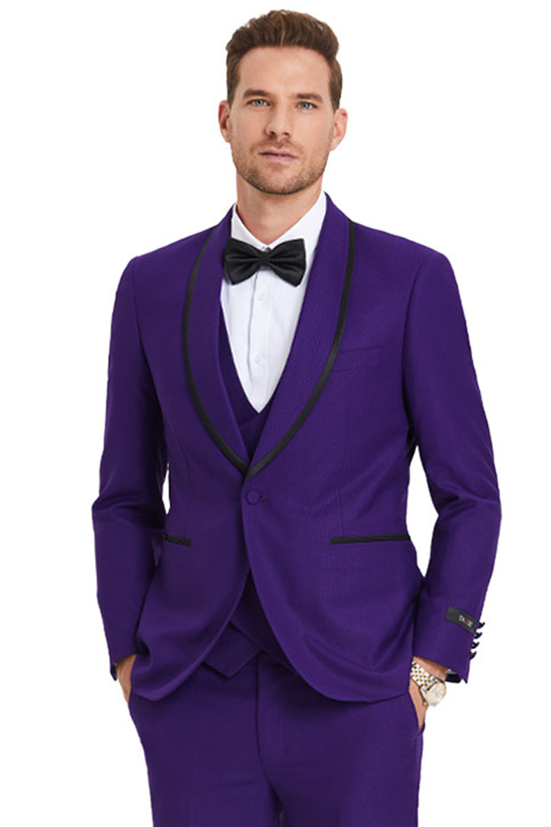 Men’s One Button Vested Shawl Tuxedo in Purple Birdseye with Black Satin Trim