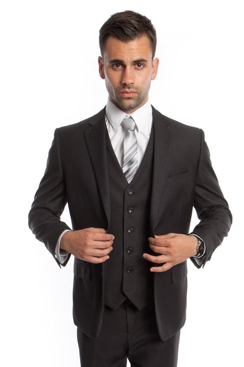 Men’s Vested Two Button Solid Color Wedding & Business Suit in Dark Grey