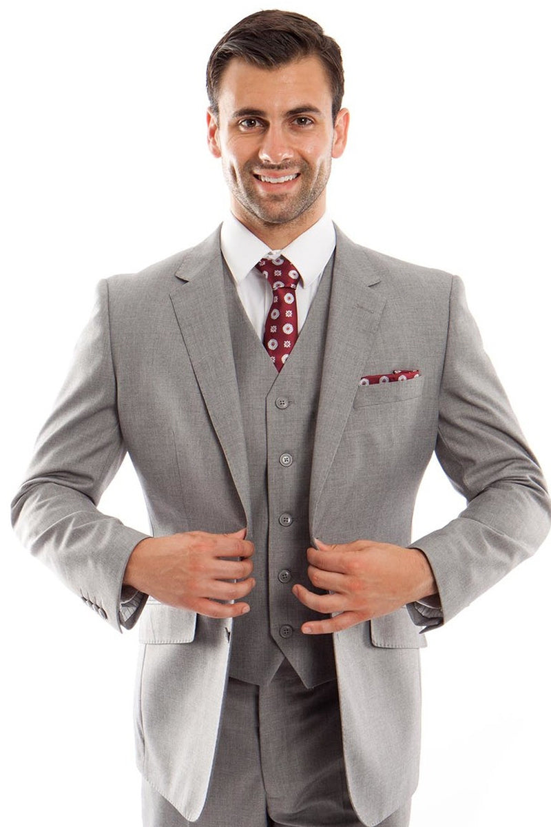 Men’s Designer Two Button Modern Fit Vested Wool Suit in Grey