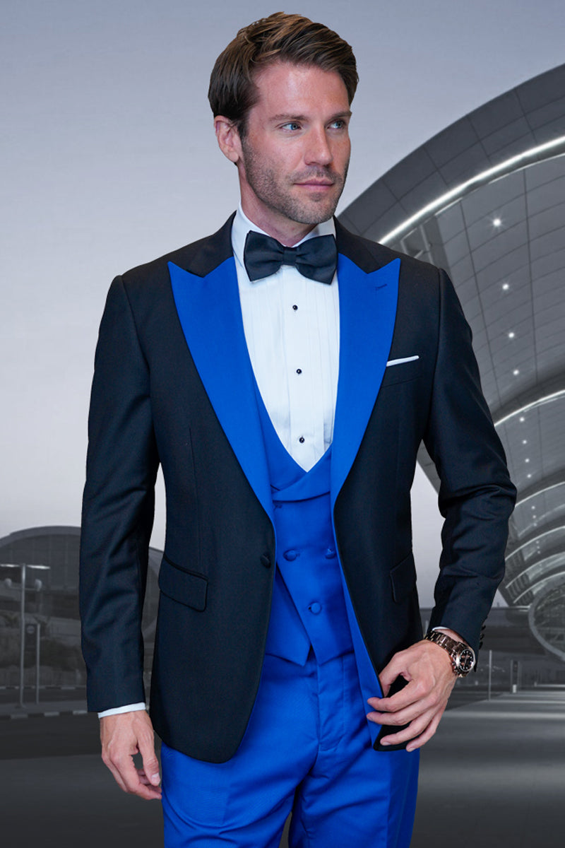Men’s Designer Vested Contrast Peak Lapel Wool Wedding & Prom Tuxedo in Black & Royal Blue