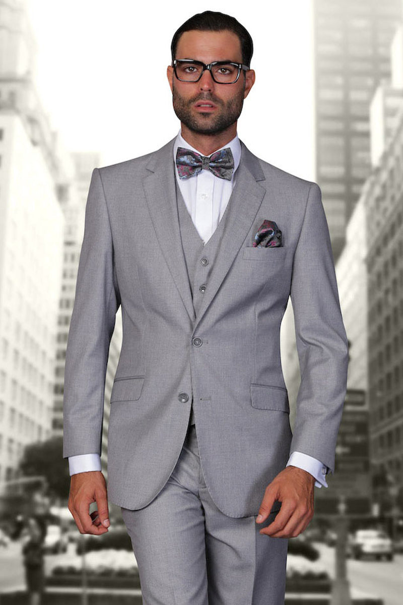 Men’s Designer Vested Modern Fit Wool Business & Wedding Suit in Light Grey