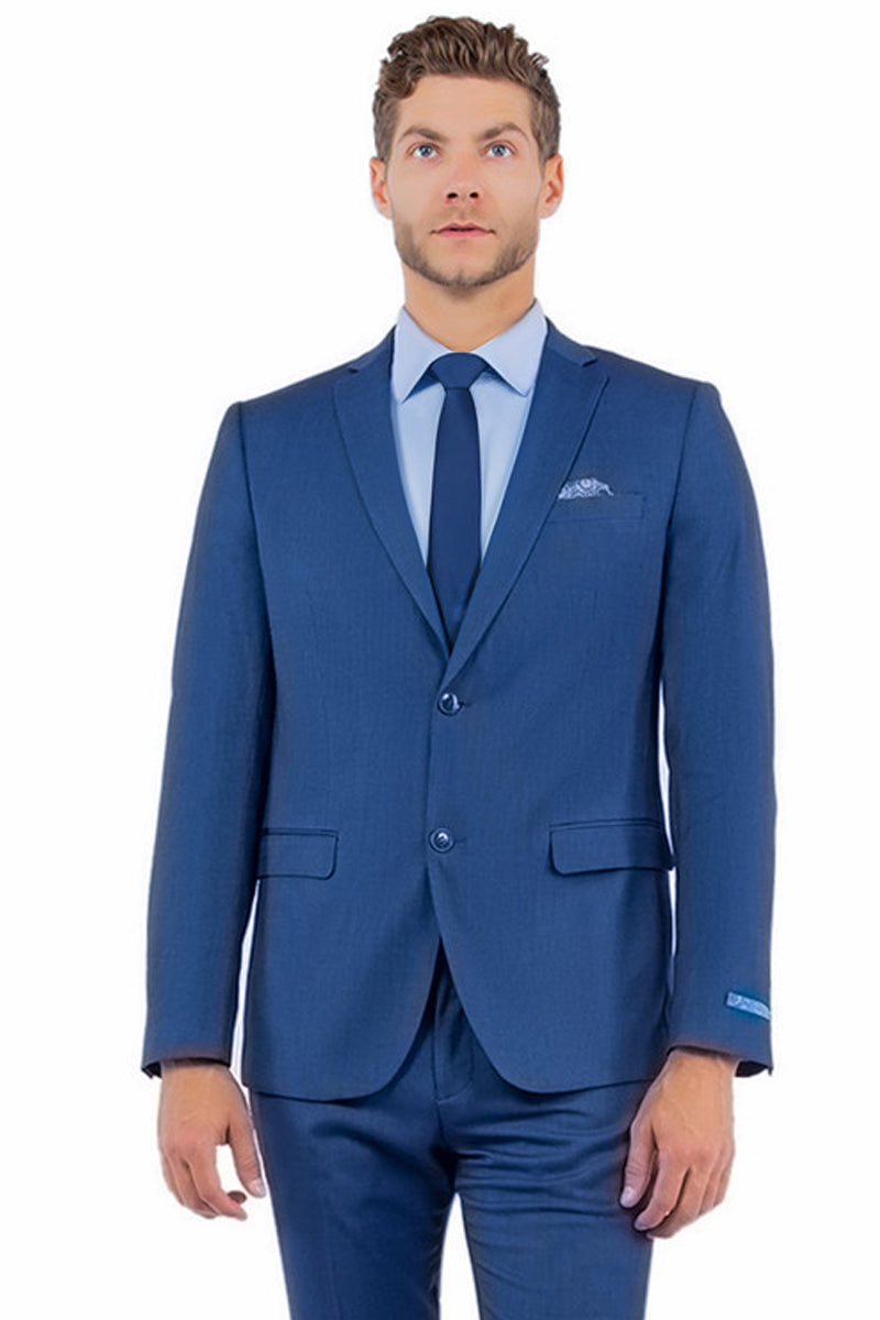 Men’s Two Button Vested Sharkskin Suit with a Scoop Vest in French Blue