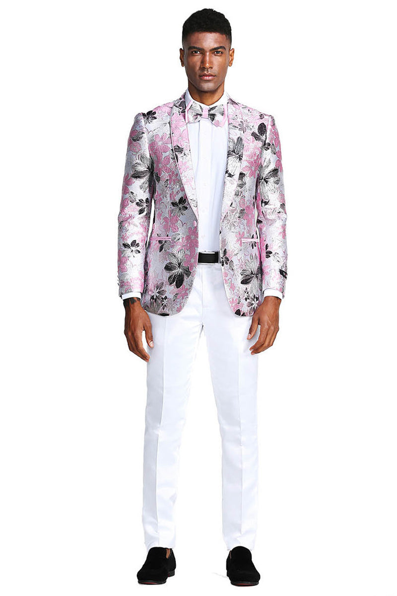 Men’s Slim Fit Paisley Prom Tuxedo Jacket in Pink & Black