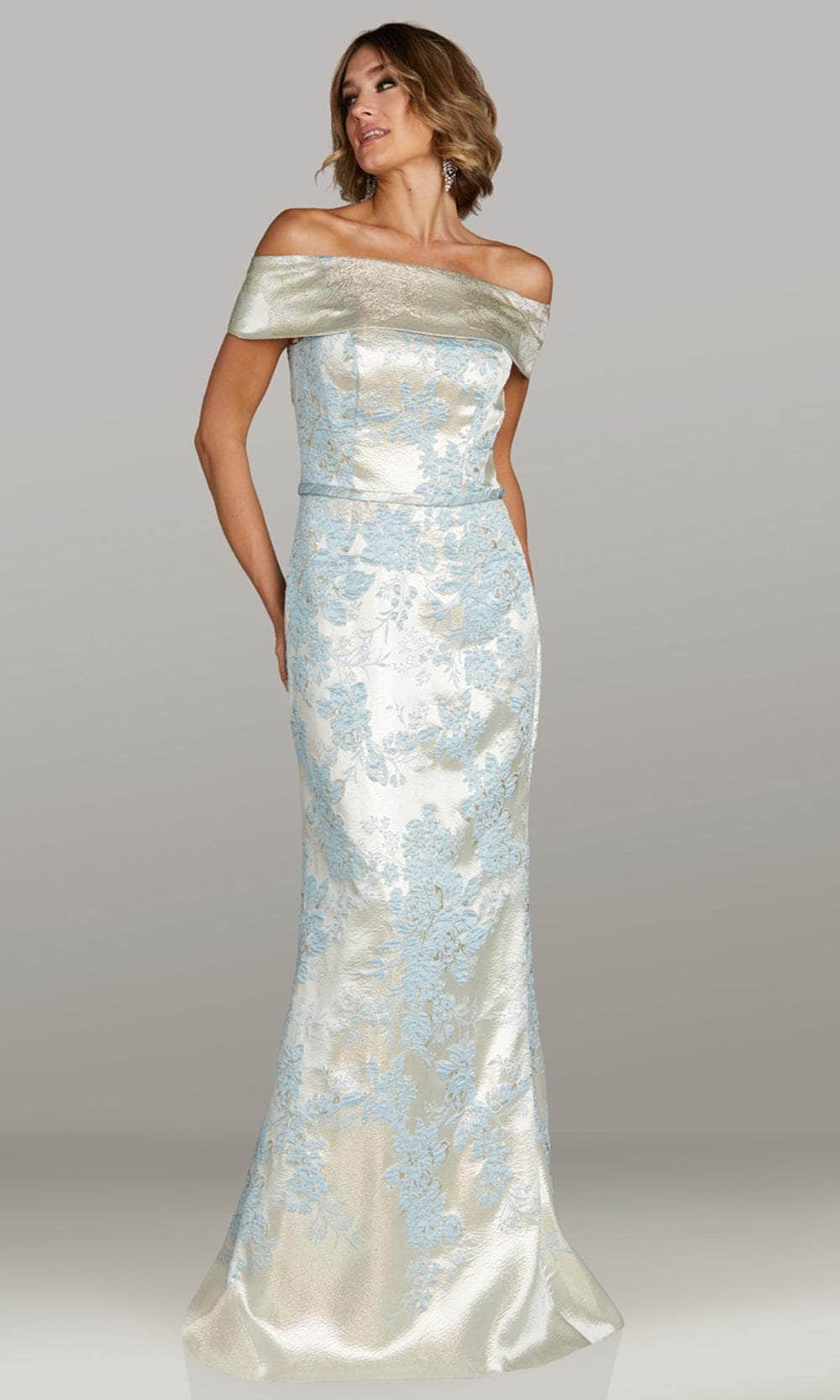 Embroidered Straight Across Evening Gown