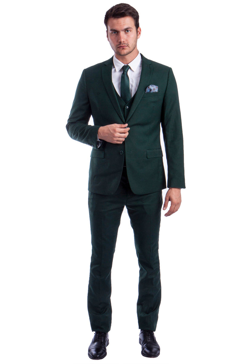 Men’s Two Button Slim Fit Vested Solid Basic Color Suit in Forest Green