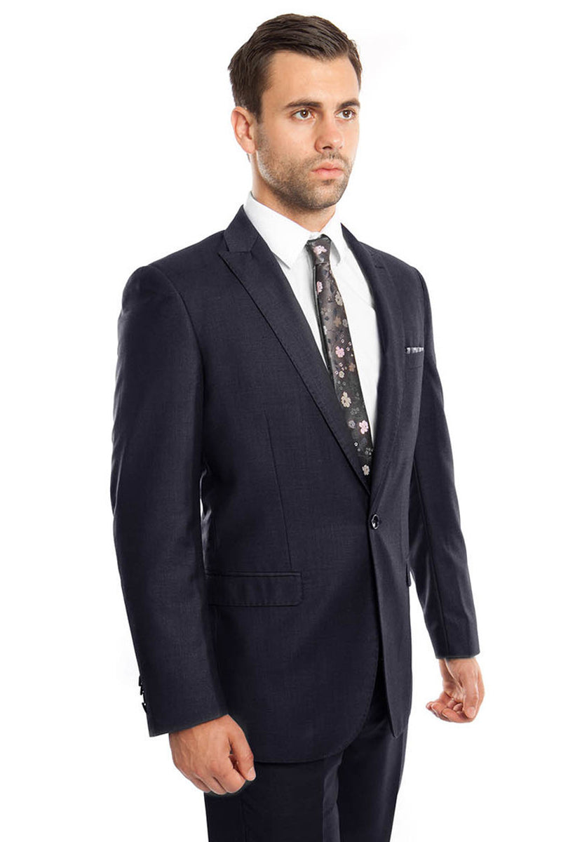 Men’s Slim Fit One Button Peak Lapel Suit in Navy Blue