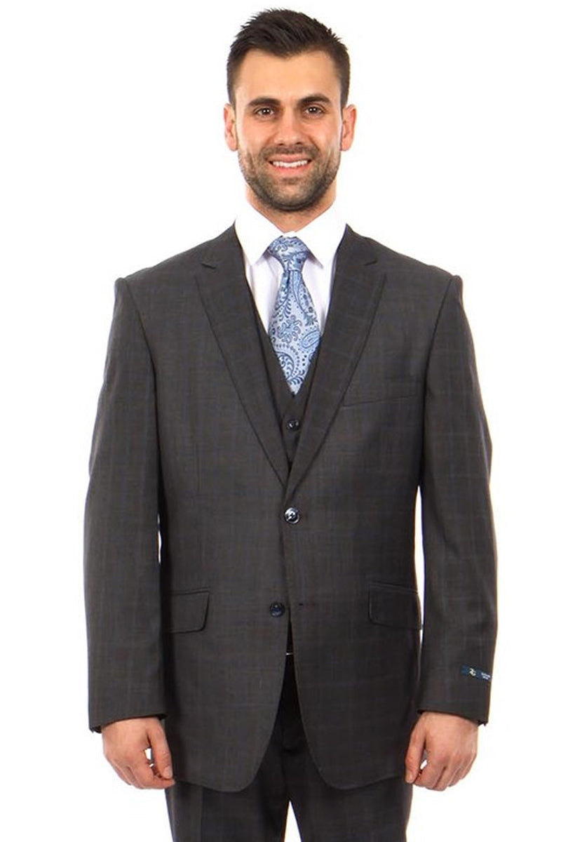 Men’s 100% Wool Modern Fit Vested Suit in Charcoal Grey & Blue Windowpane Plaid
