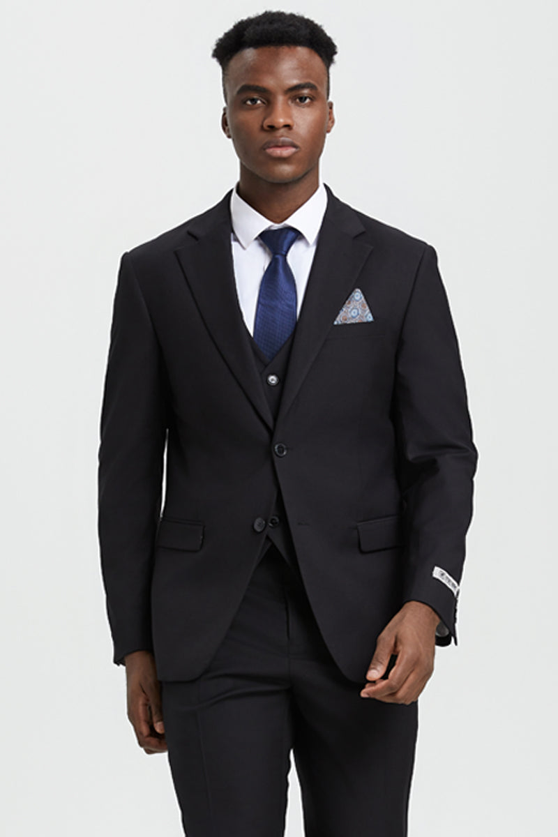 Men’s Two Button Vested Stacy Adams Designer Basic Suit in Black