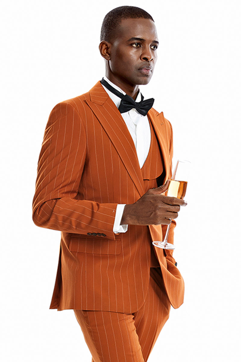 Men’s One Button Vested Wide Peak Lapel Bold Gangster Pinstripe Suit in Orange Rust