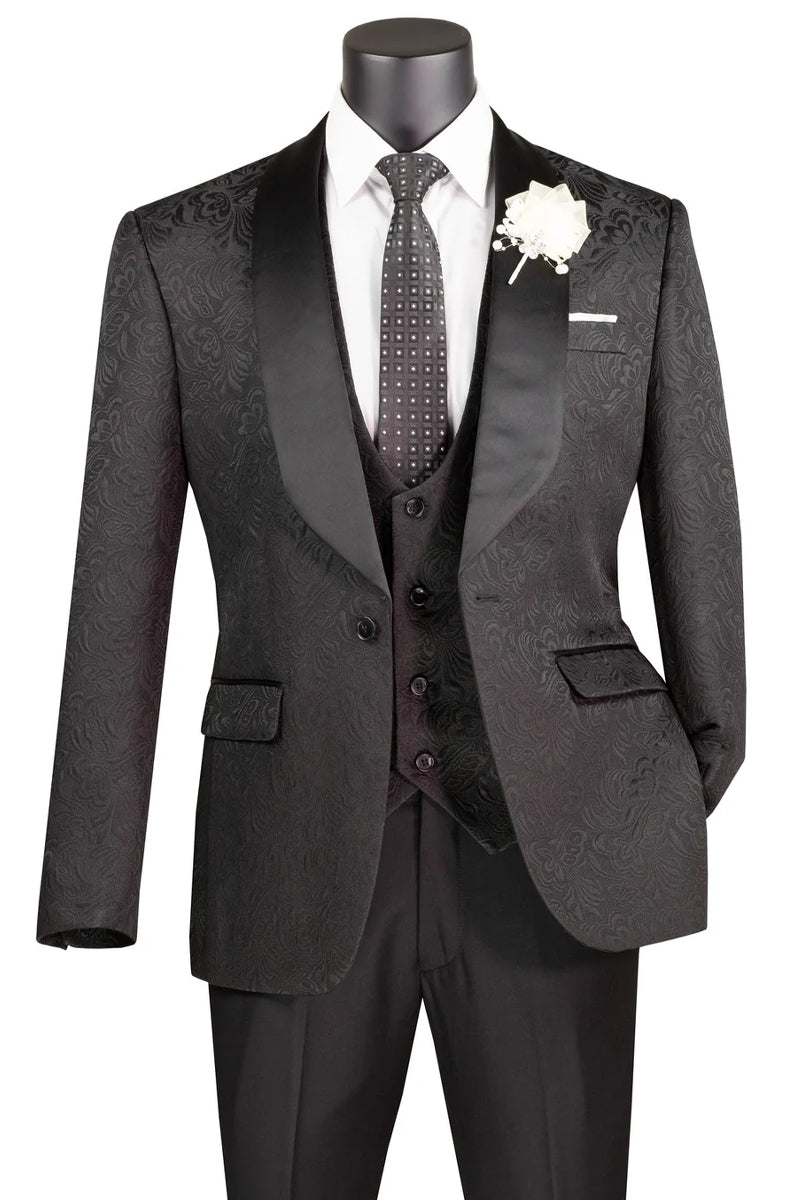 Men’s Slim Fit Vested Paisley Wedding Tuxedo in Black