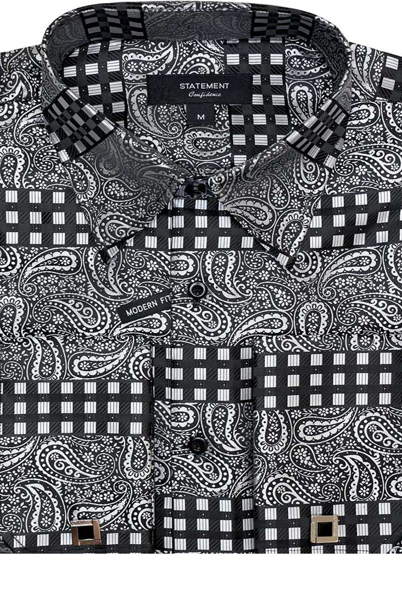 Men’s Fancy French Cuff Long Sleeve Dress Shirt in Black Paisley Plaid