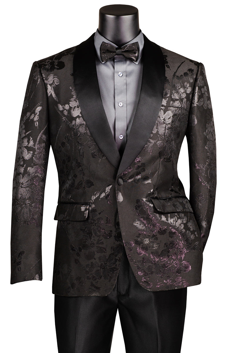 Men’s Shiny Foil Floral Paisley Prom & Wedding Tuxedo Jacket in Black