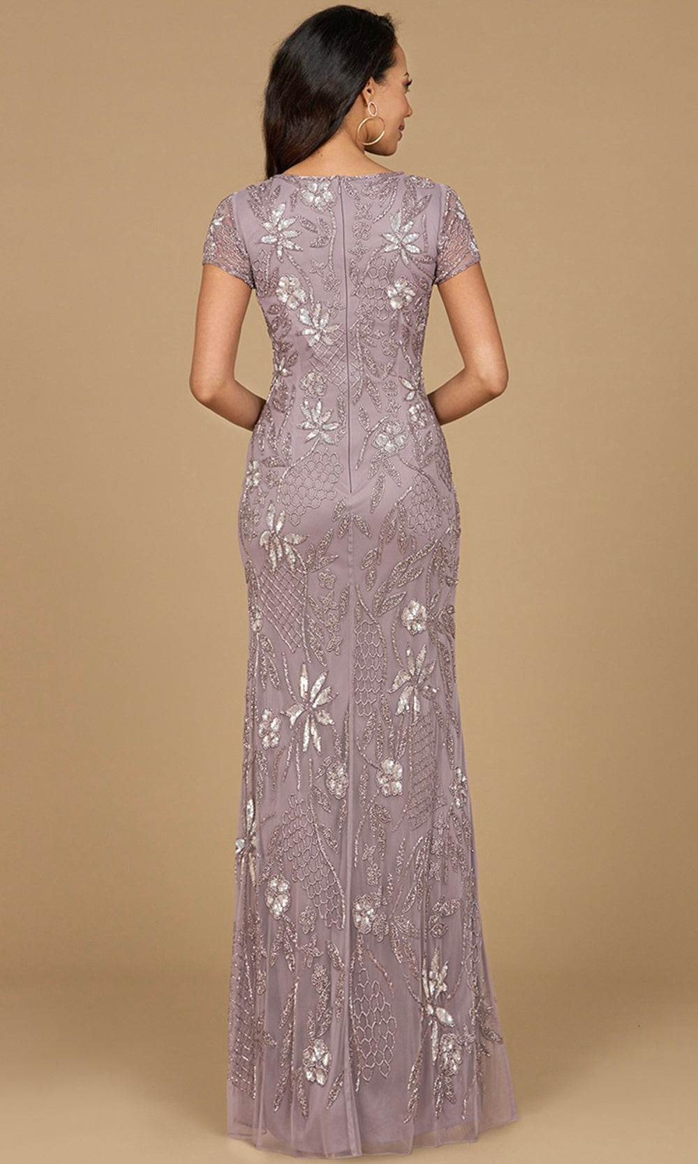 Floral Beaded Short Sleeve Evening Dress