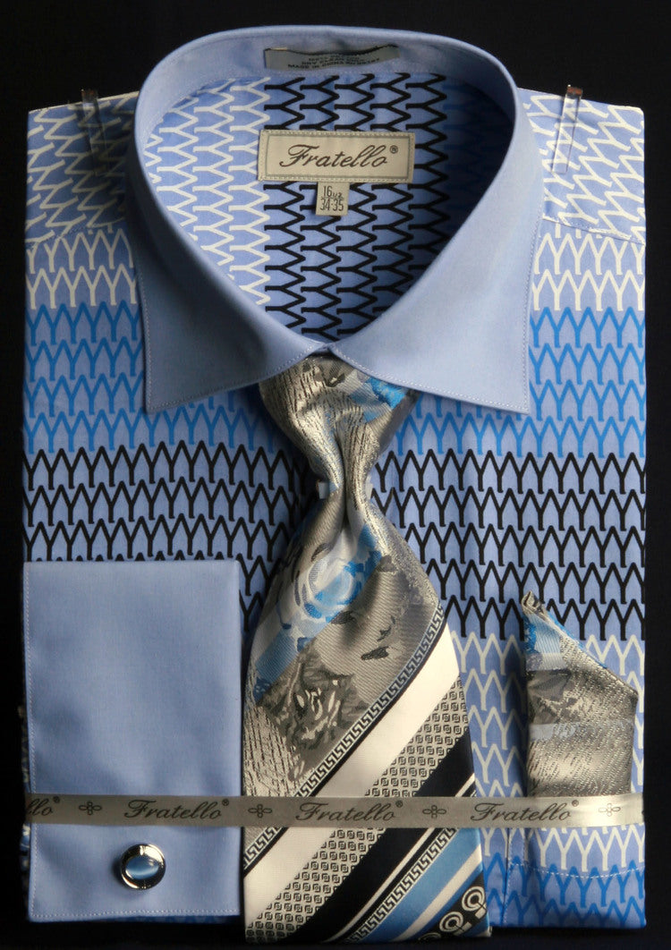 Men’s Spread Collar Arch Pattern French Cuff Shirt & Tie Combo in Blue