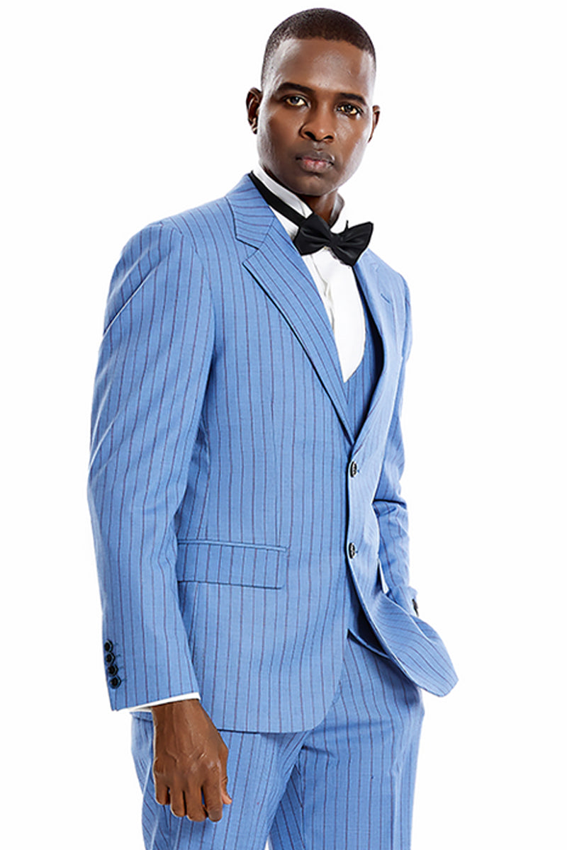 Men’s Two Button Vested Wide Notch Lapel Vintage Style Pinstripe Suit in Smoke Blue