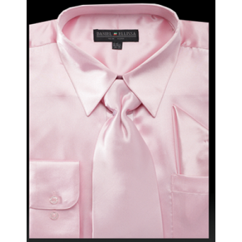 Men’s Regular Fit Shiny Satin Dress Shirt, Tie & Pocket Square Set in Pink