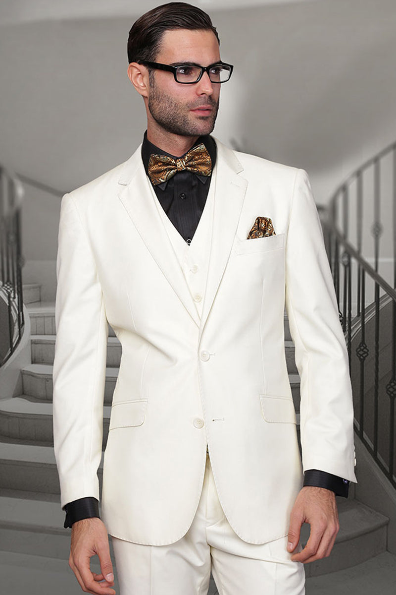 Men’s Designer Vested Modern Fit Wool Business & Wedding Suit in Ivory Off White