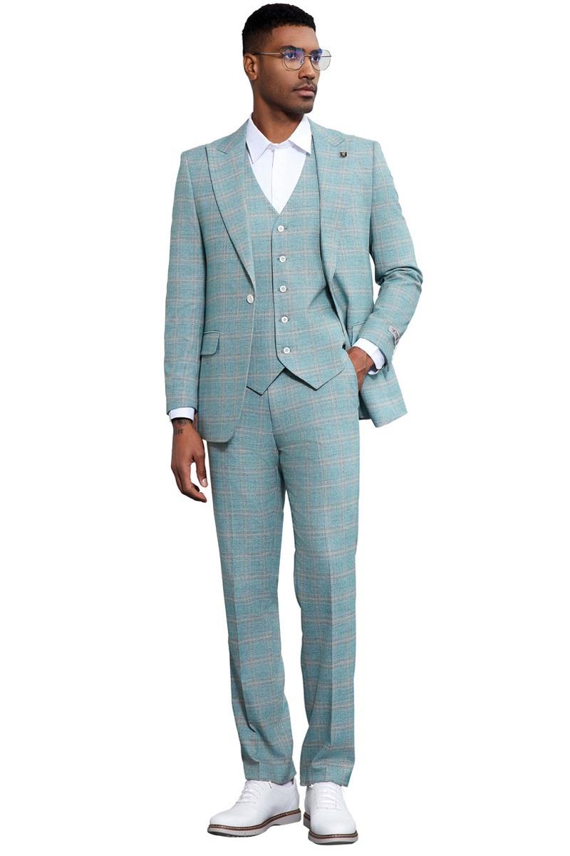 Men’s Stacy Adams Vested Peak Lapel Light Turquoise Green Plaid Prom & Wedding Suit