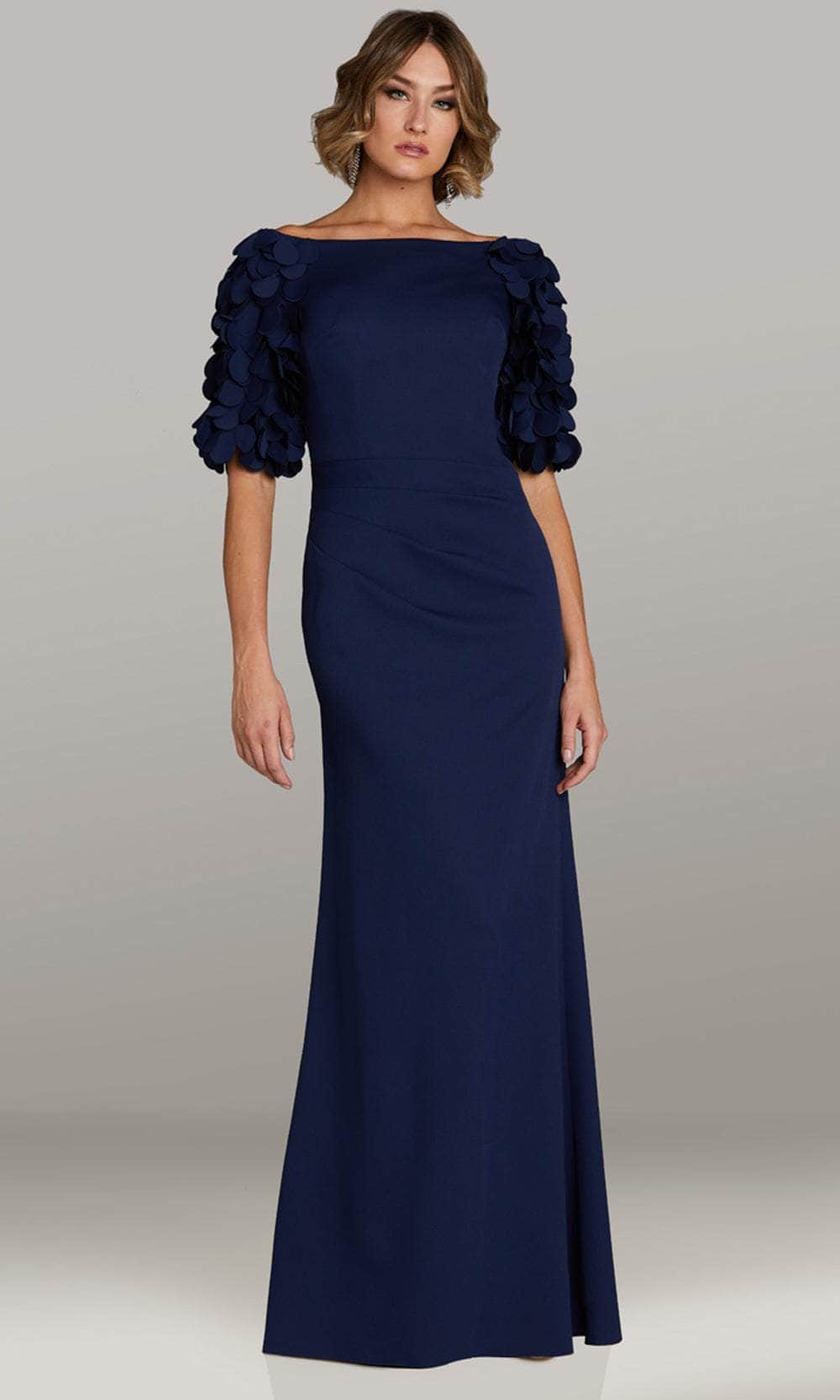 Appliqued Elbow Sleeve Evening Gown