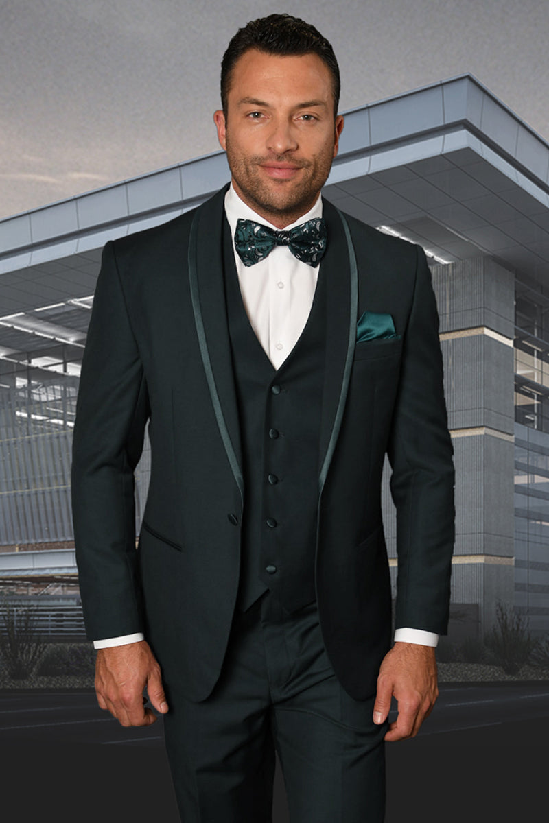 Men’s Vested Satin Trim Shawl Wedding & Prom Tuxedo in Hunter Green