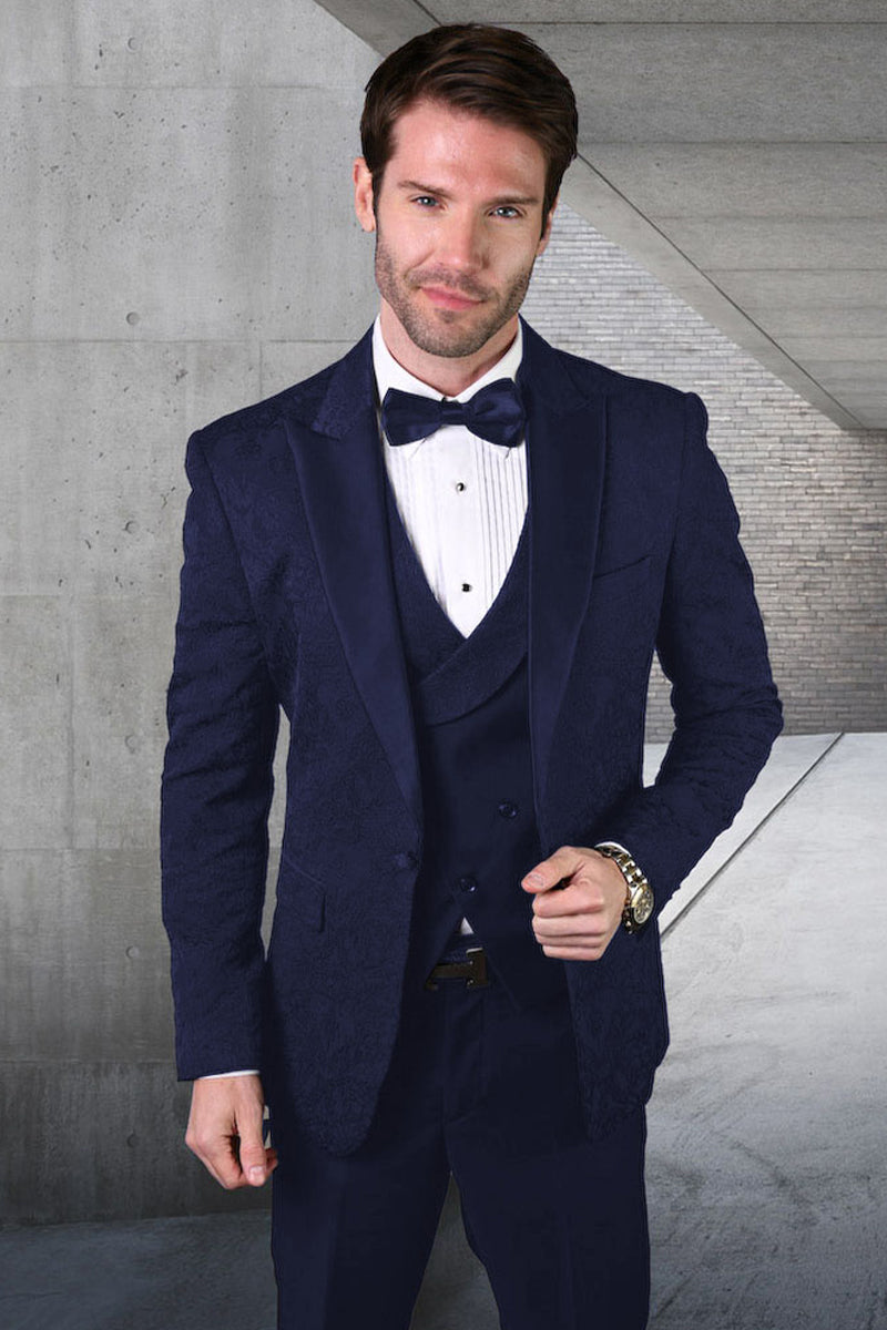 Men’s Designer Vested Tonal Paisley Wedding & Prom Tuxedo in Navy Blue