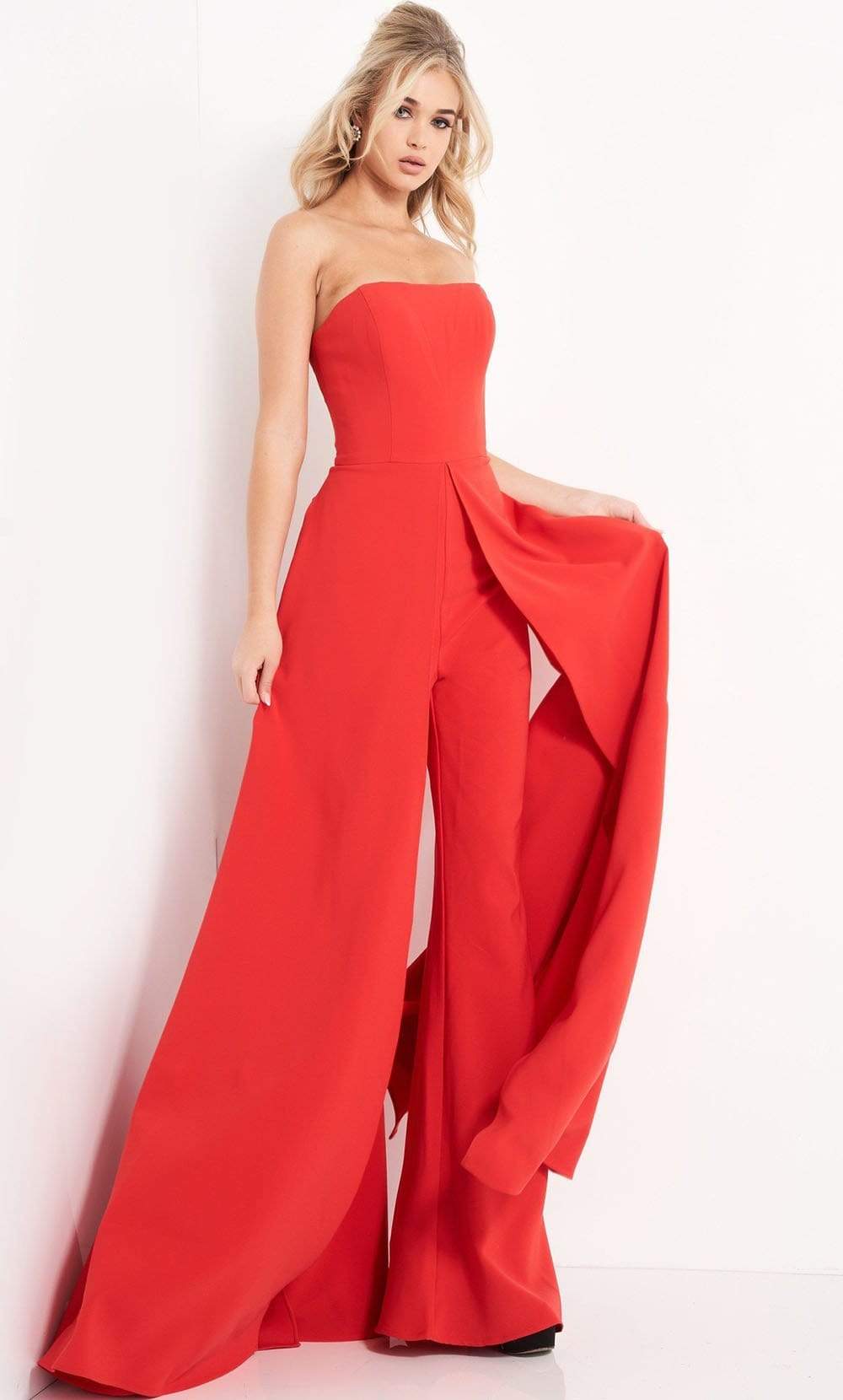 03529 Strapless Wide Leg Formal Evening Jumpsuit With Overlay