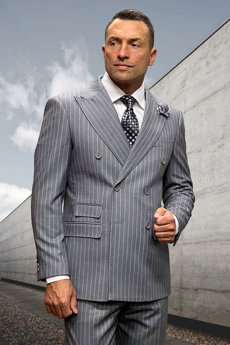 Men’s Designer Classic Fit Double Breasted Wool Pinstripe Suit in Grey