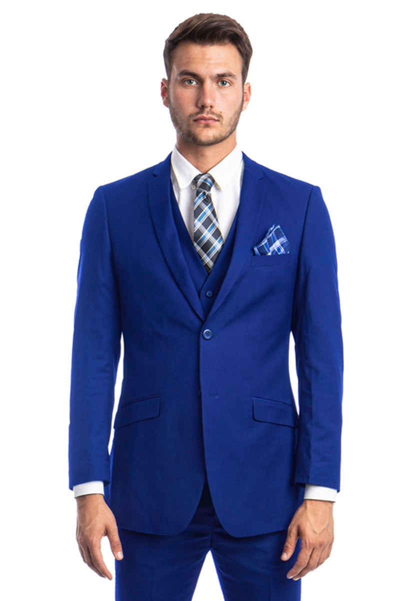 Men’s Two Button Slim Fit Basic Vested Wedding Suit in Royal Blue