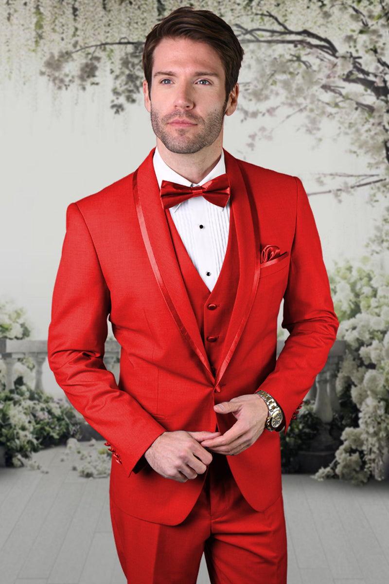 Men’s Vested Satin Trim Shawl Wedding & Prom Tuxedo in Red