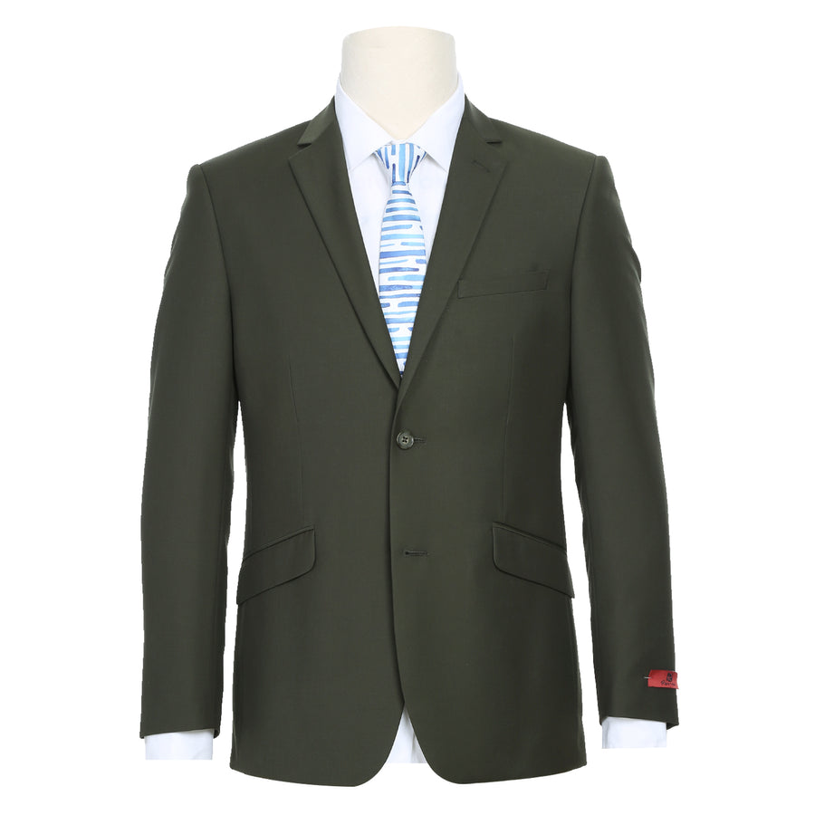 Mens Basic Two Button Slim Fit Suit with Optional Vest in Olive Green