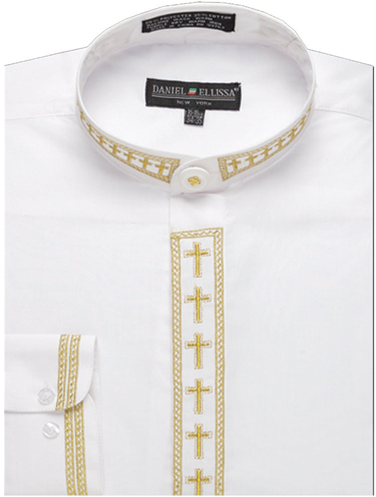 Men’s Cross Embroidered Banded Collar Dress Clergy Shirt in White & Gold
