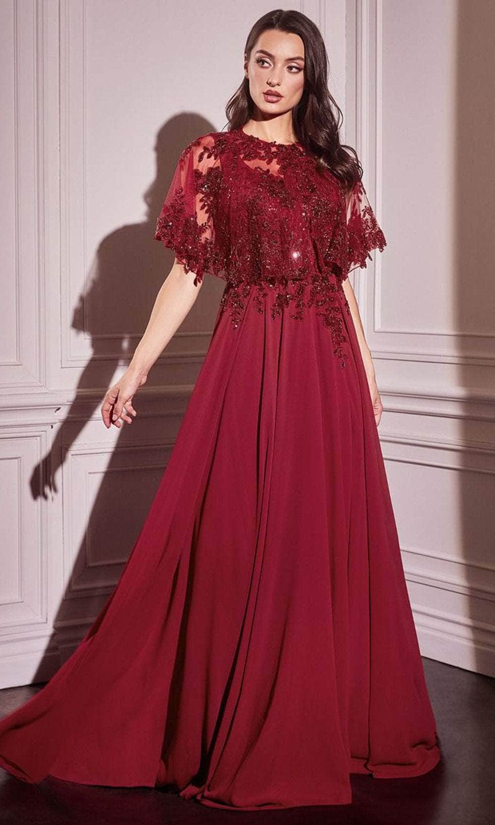 Applique Cape Evening Gown