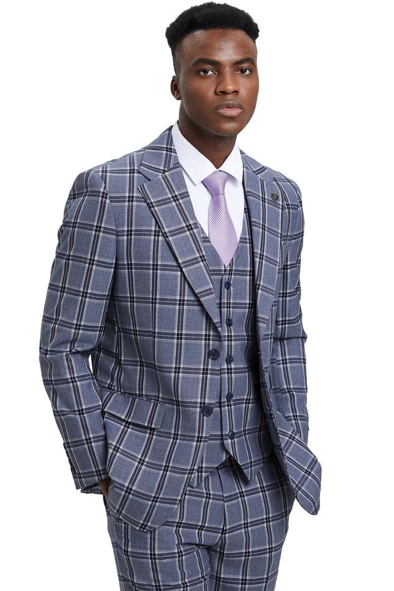 Men’s Stacy Adams Two Button Vested Glen Plaid Check Suit in Grey