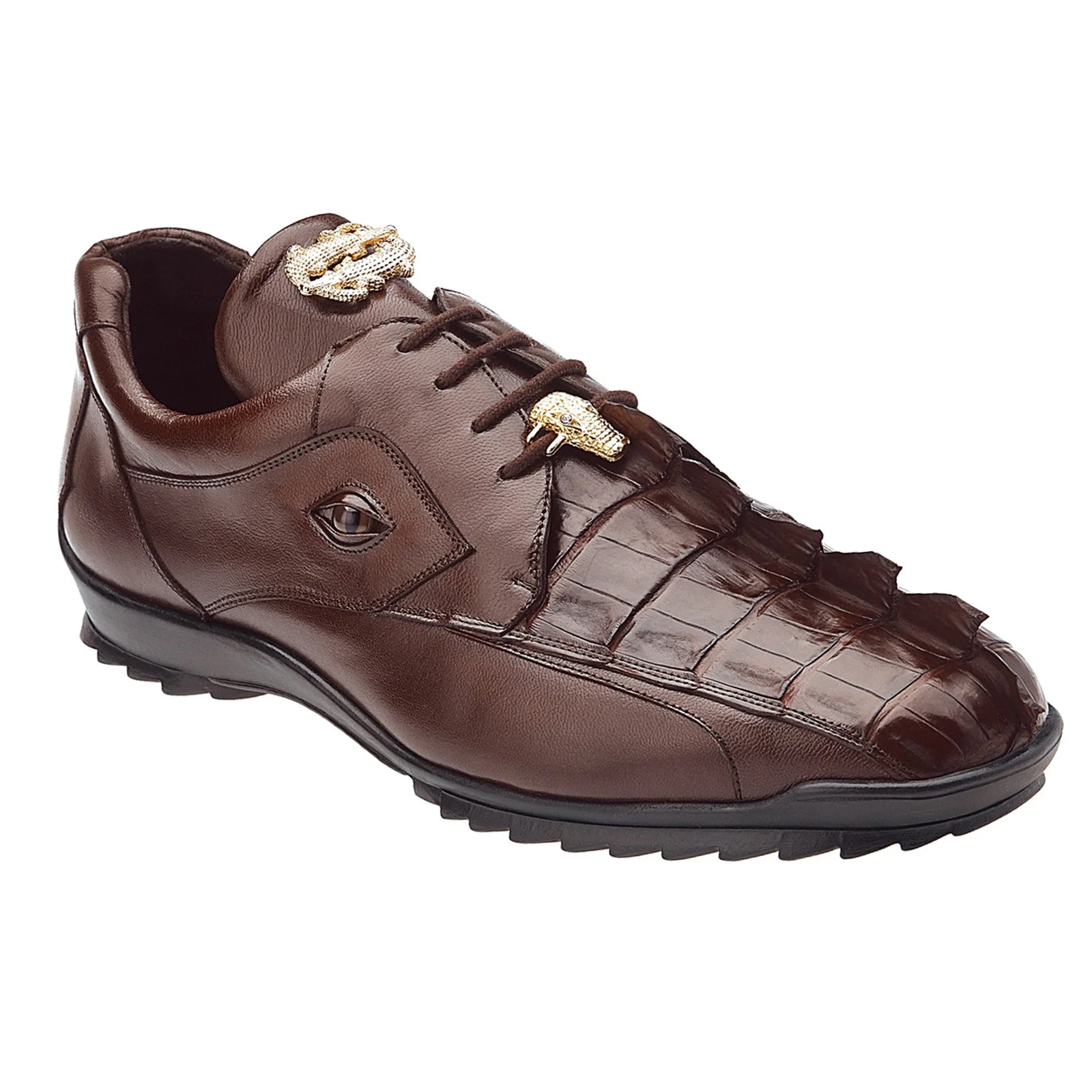 Men’s Belvedere Vasco Calf & Crocodile Hornback Tail Sneaker in Tabac Brown