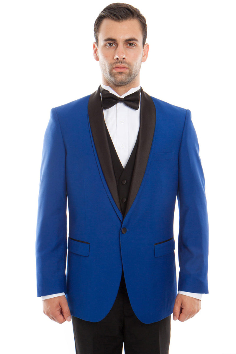 Men’s One Button Vested Satin Trimmed Shawl Lapel Tuxedo in Royal Blue